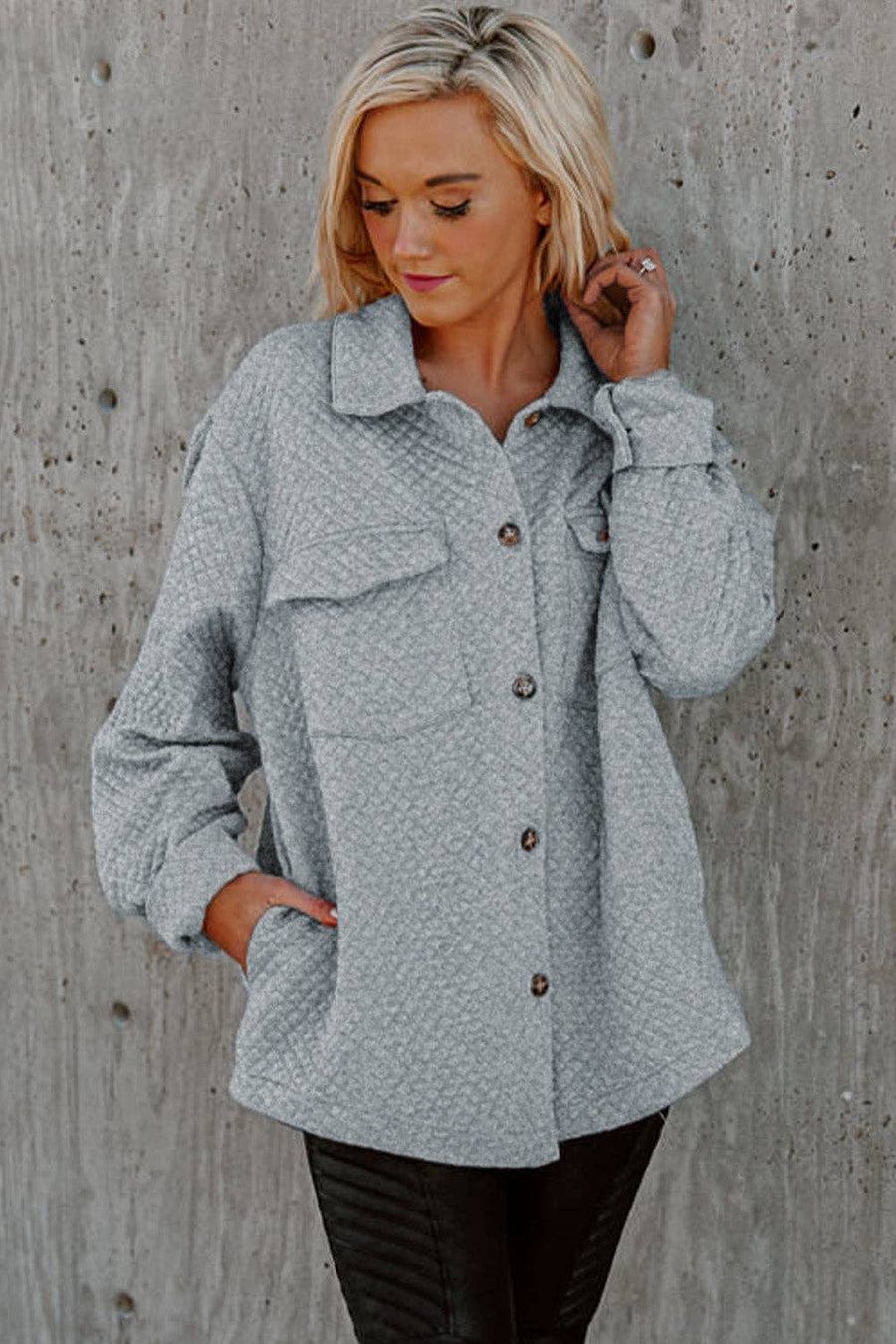 Brooklynn Retro Quilted Flap Pocket Button Shacket: S / 95%Polyester+5%Elastane / Gray