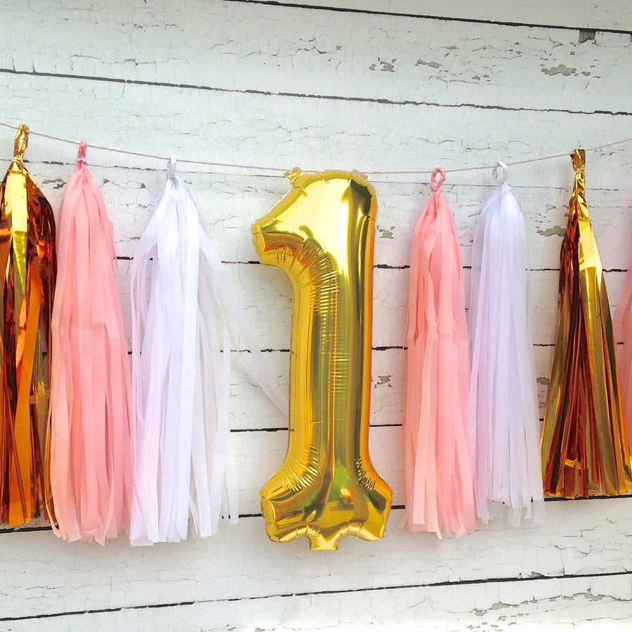 Pink White and Metallic Gold Tissue Tassel Birthday Number Garland Kit