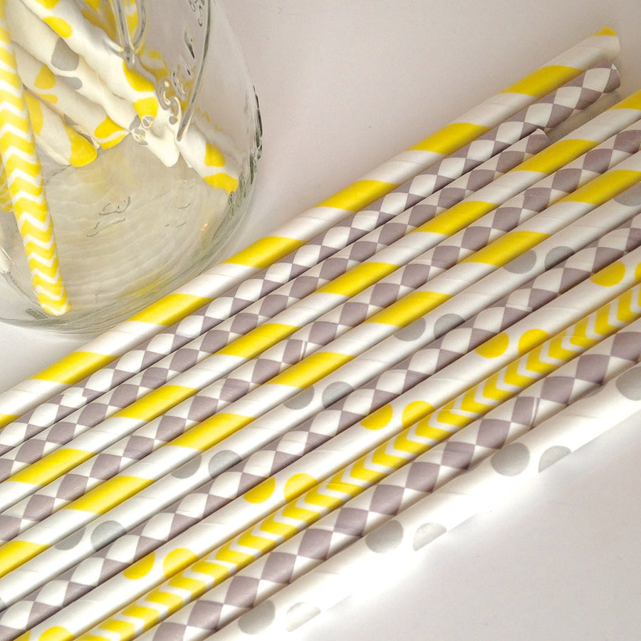 Yellow and Gray Baby Shower Straws