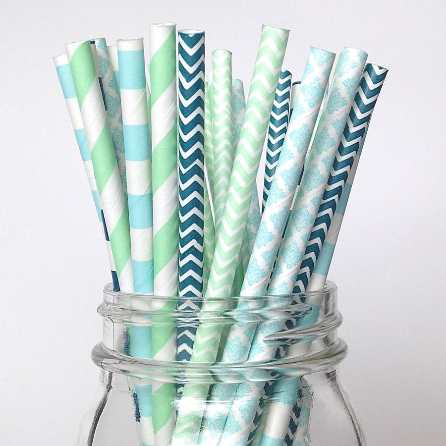 Mint Navy Blue Paper Straws
