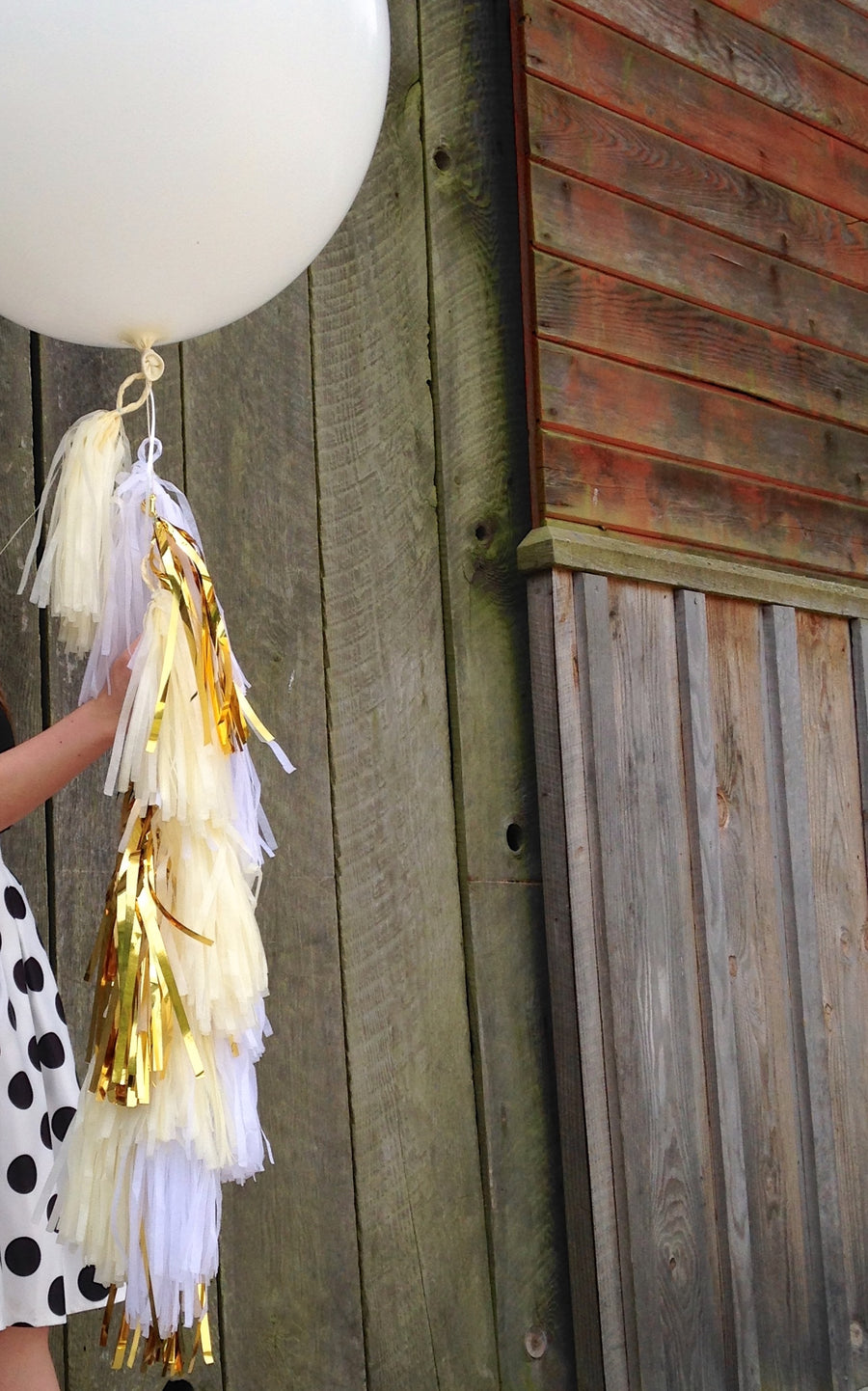 Britney, Wedding White Jumbo Balloon Tissue Tassel Tail Fringe: White, Metallic Gold, Ivory