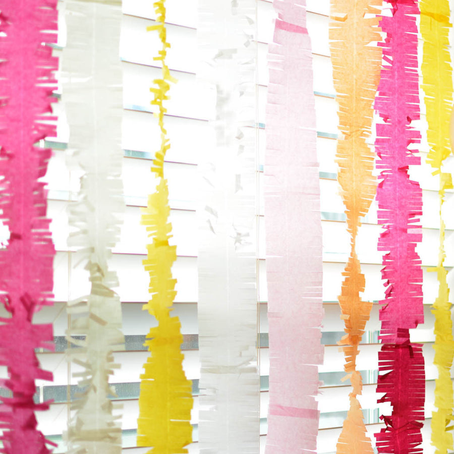 Step up your party decor with theses adorable fringed paper streamers.  Hang, drape, twist or hang them from balloons.....these are so cute in every way!  We offer a variety of colors allowing you to seamlessly coordinate all your decor.    Sold individually, each streamer measures is aprox. 9.5 ft. long and comes ready for you to decorate with!