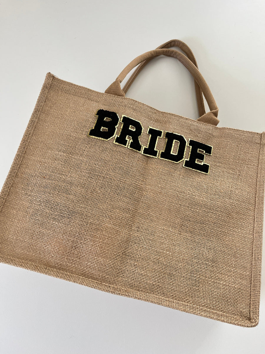 Bride bag / bride tote/ jute tote / bridal gift/ bridal party/ Party bags/favor bags/ bride bags/ party supplies / varsity letters/ puffy