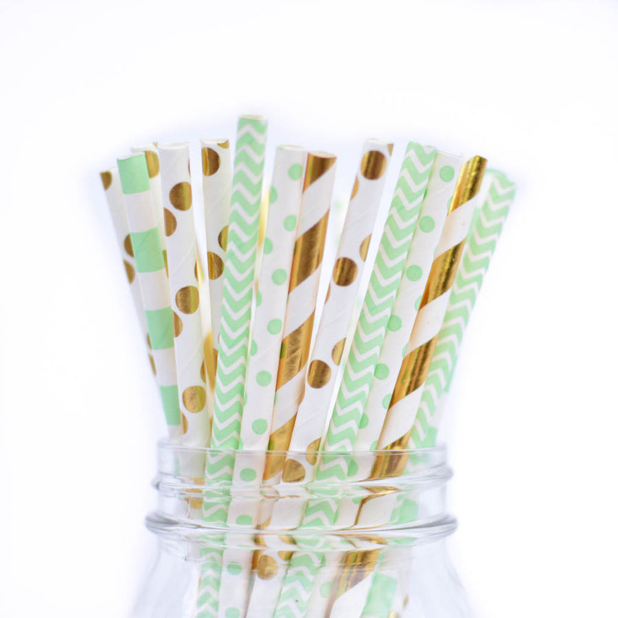 mint green straws with gold