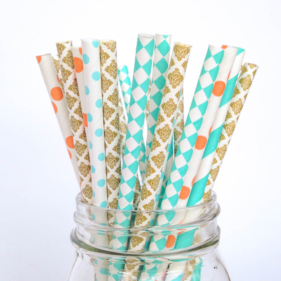 turquoise gold coral straws
