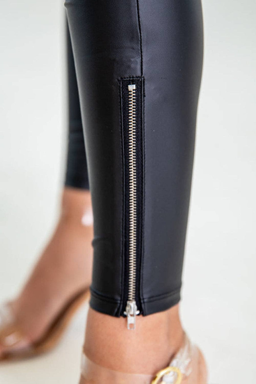 Heidi Faux Leather Zipped Detail Leggings: S / 100%PU / Black