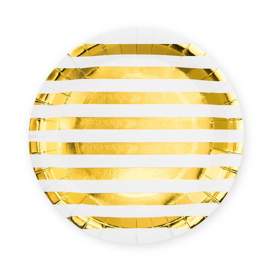 Large Round Disposable Paper Party Plates - Gold Stripe