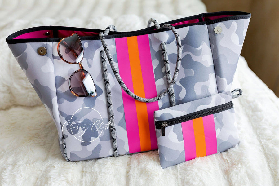 Neoprene Bag Grey Camo w/ Pink & Orange Center Stripe