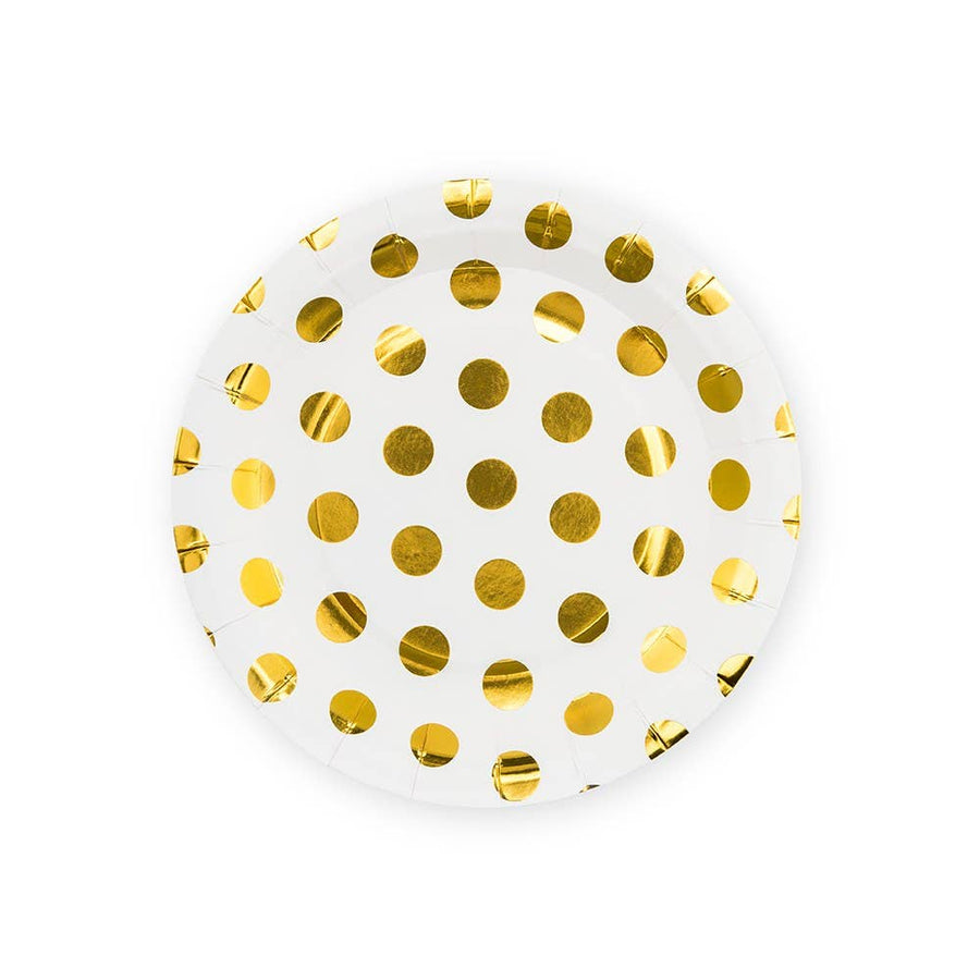 Small Round Disposable Paper Party Plates- Gold Polka Dot
