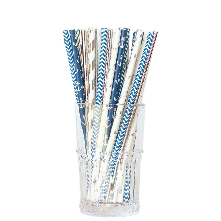 navy blue and silver paper straws