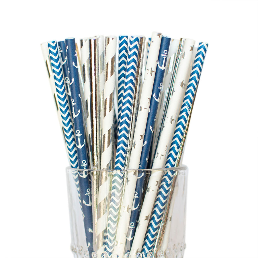 navy blue and silver straws