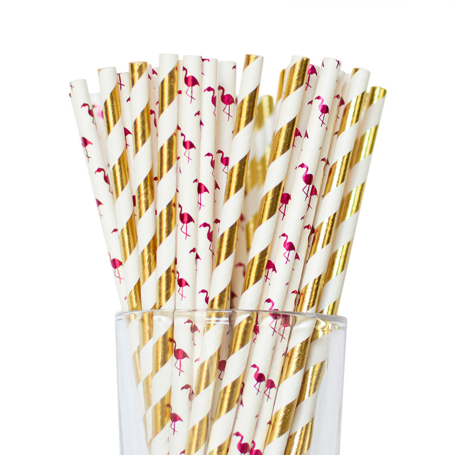 Metallic Gold Striped & Flamingo Straws