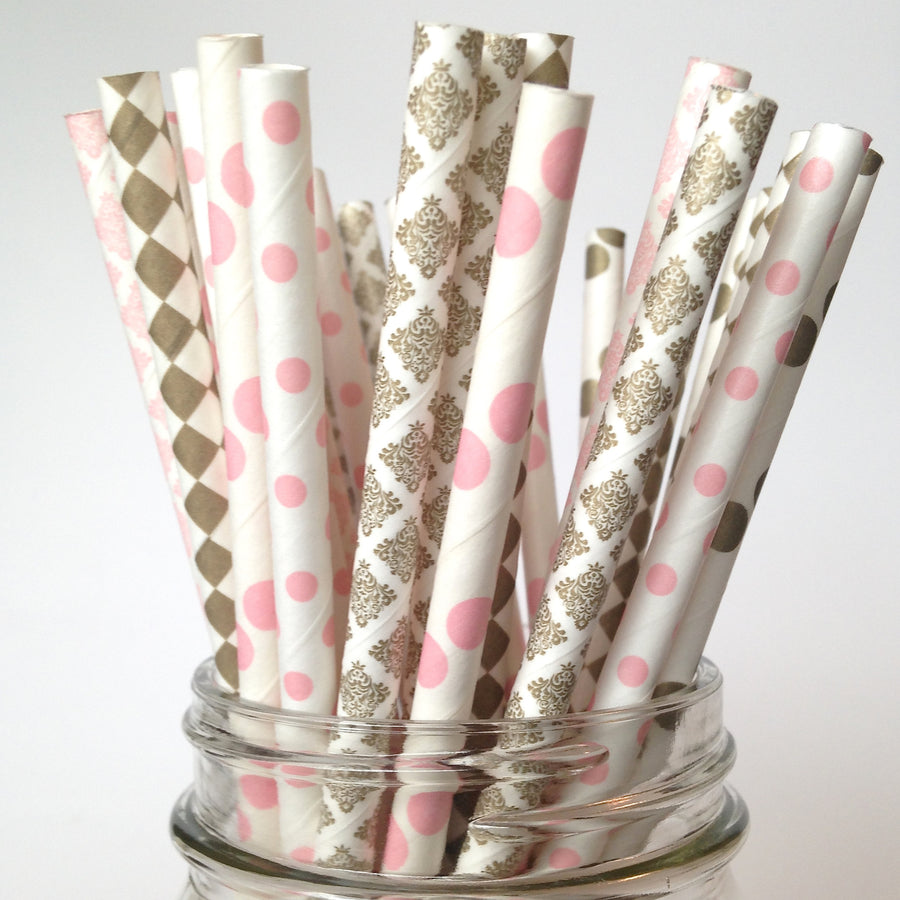 Dainty Damask Pink and Gold Bridal Shower Straws