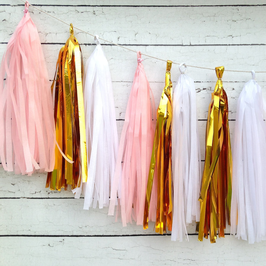 Pink White and Metallic Gold Tissue Tassel Garland Kit