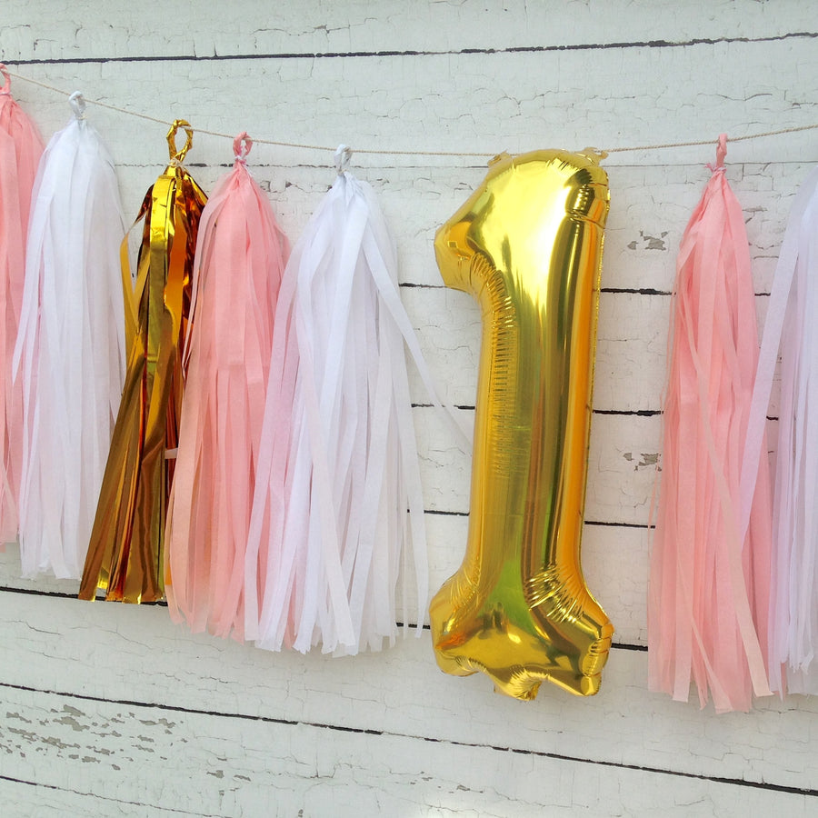 Pink White and Metallic Gold Tissue Tassel Birthday Number Garland Kit