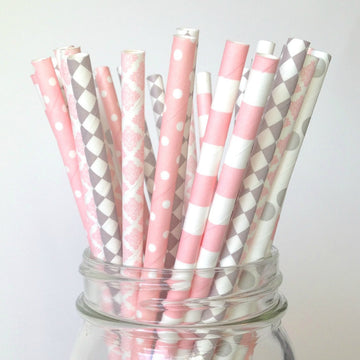 pink gray baby shower straws