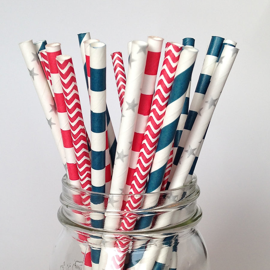 Patriotic Red White and Blue Paper Straws