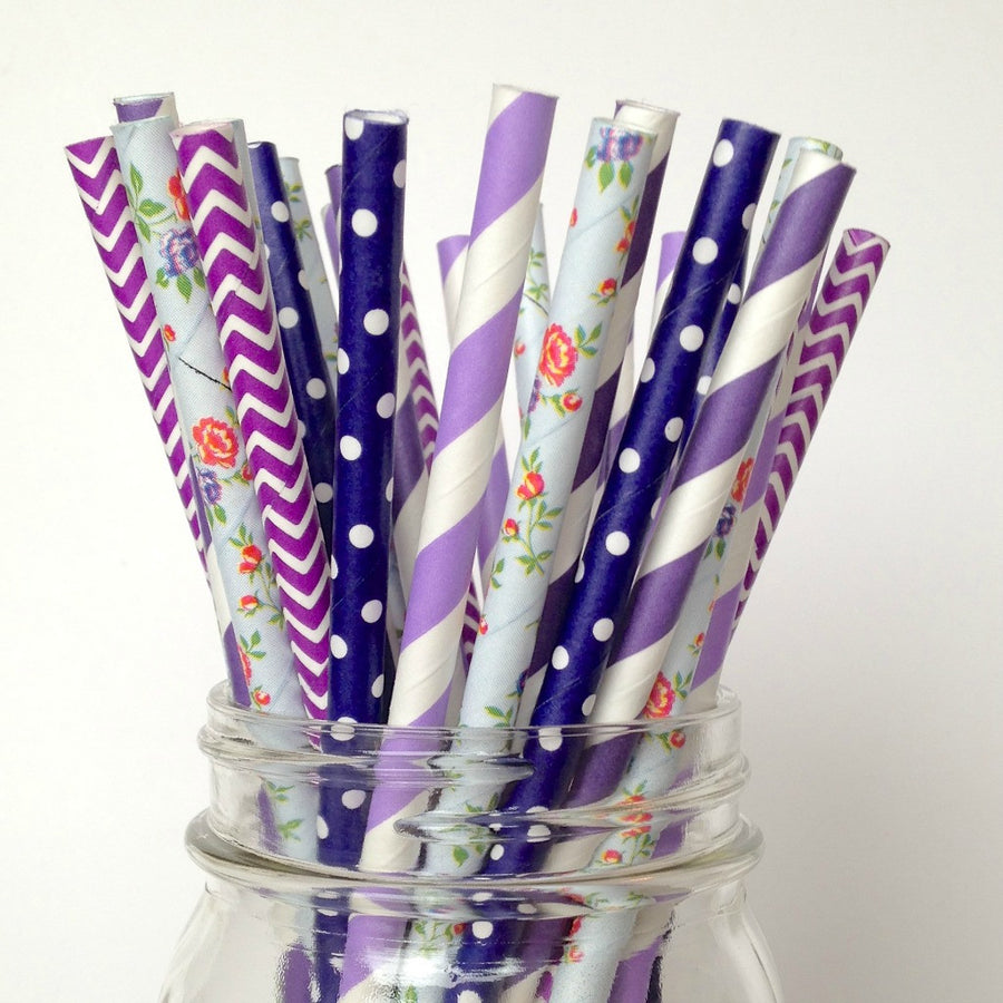 purple floral paper straws