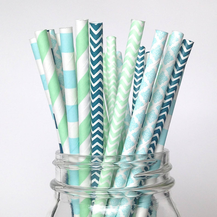 Mint Navy Blue Paper Straws