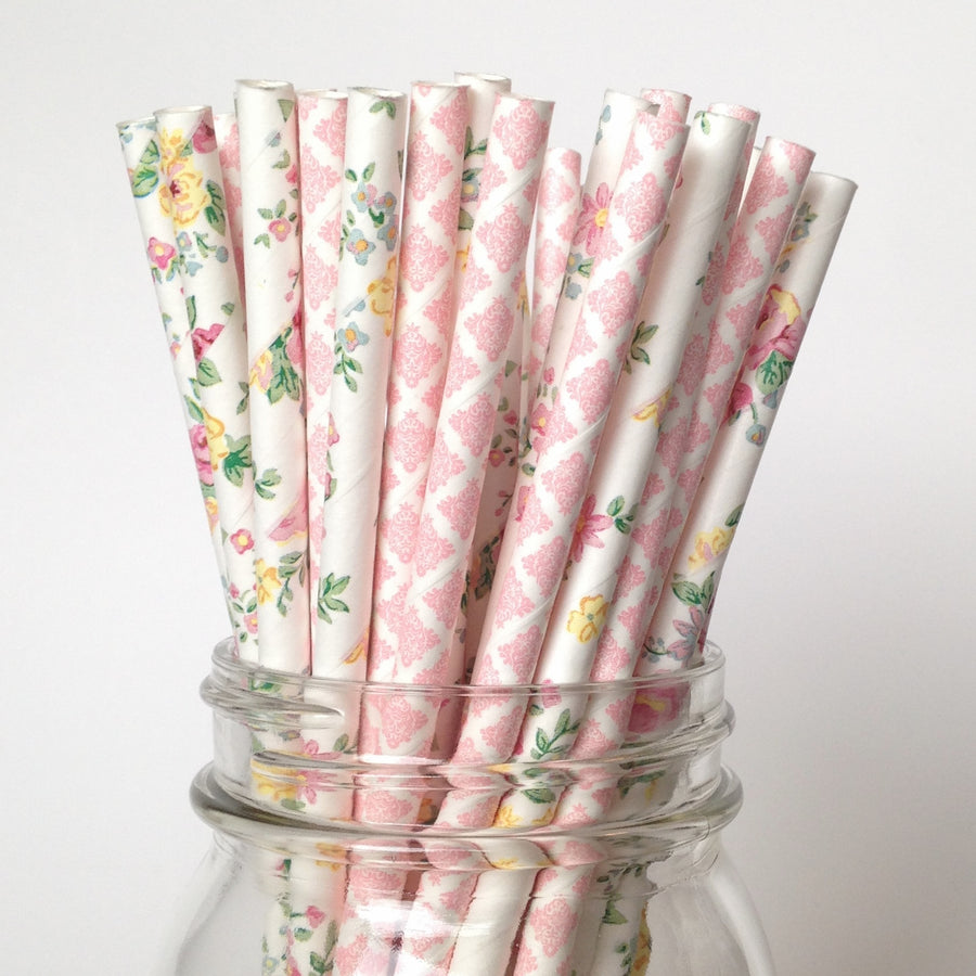 Vintage Floral Blush Damask Wedding Paper Straws