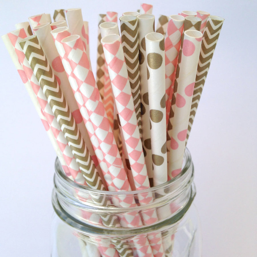 Blush Pink and Gold Whimsical Wedding Party Straws