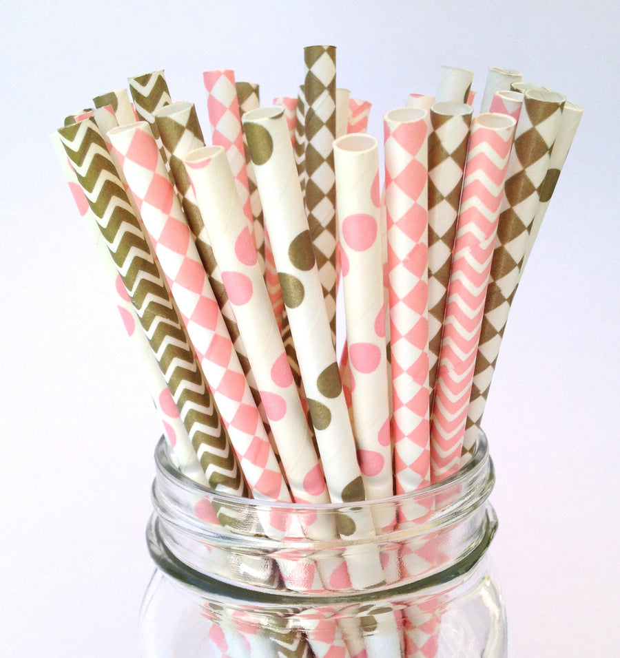 Blush Pink and Gold Whimsical Wedding Party Straws