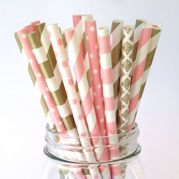 Classic Blush Pink and Gold Wedding Paper Straws