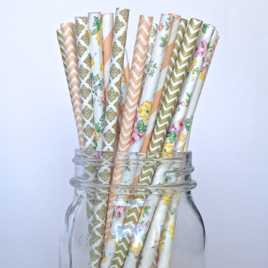 Vintage Floral Peach and Gold Paper Straws