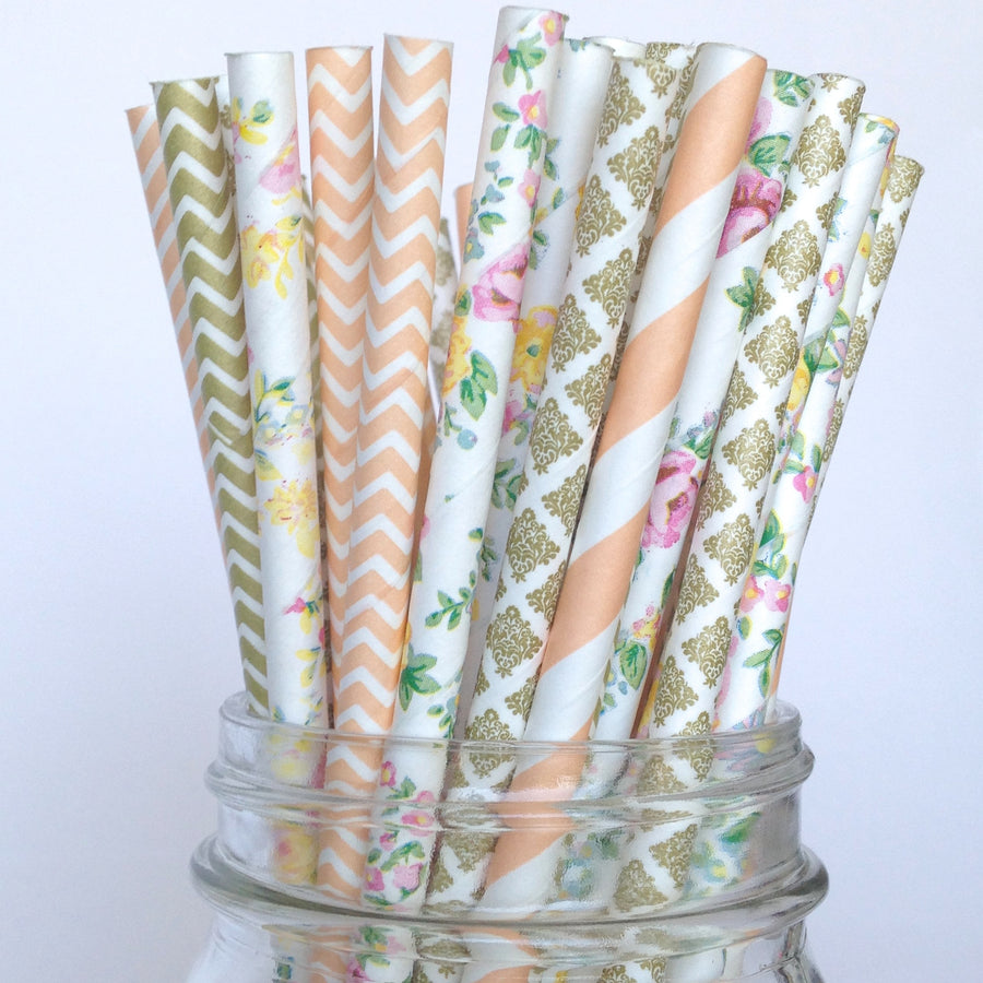 Vintage Floral Peach and Gold Paper Straws