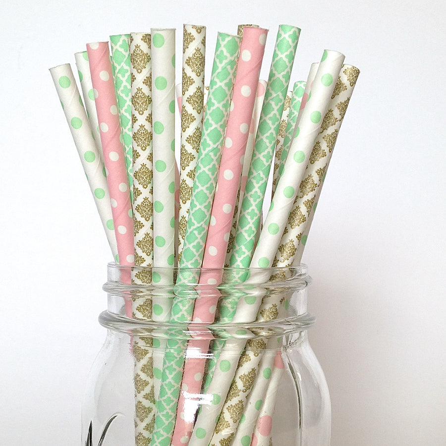 Mint, Pink and Gold Bridal Tea Paper Straws