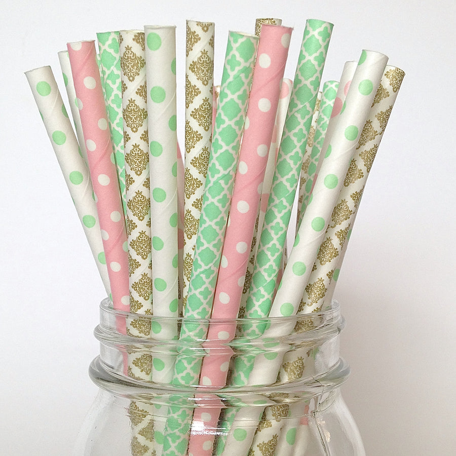 Mint, Pink and Gold Bridal Tea Paper Straws