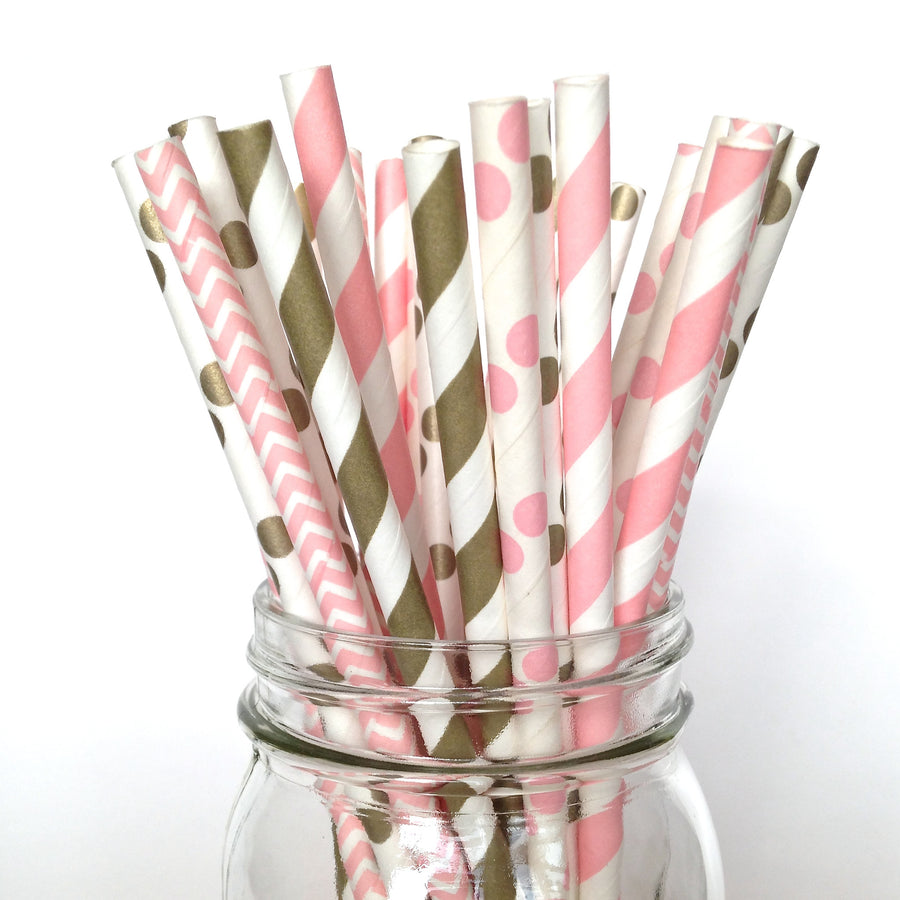 pink gold polka dot straws