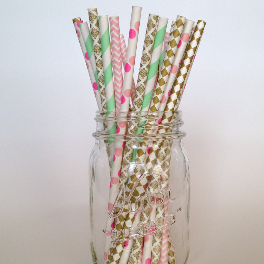 Mint Chic Gold and Pink Birthday Party Straws