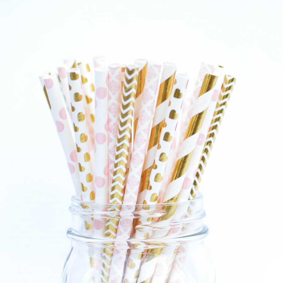 pink and gold valentine straws