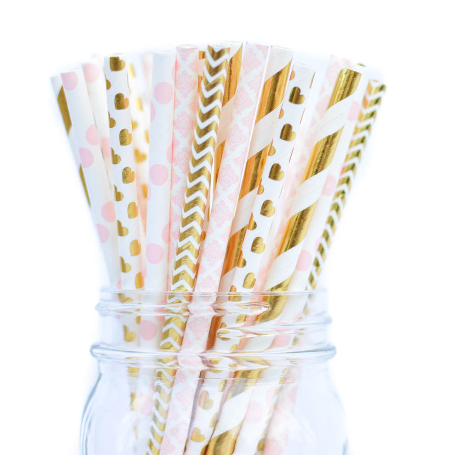pink gold baby shower straws