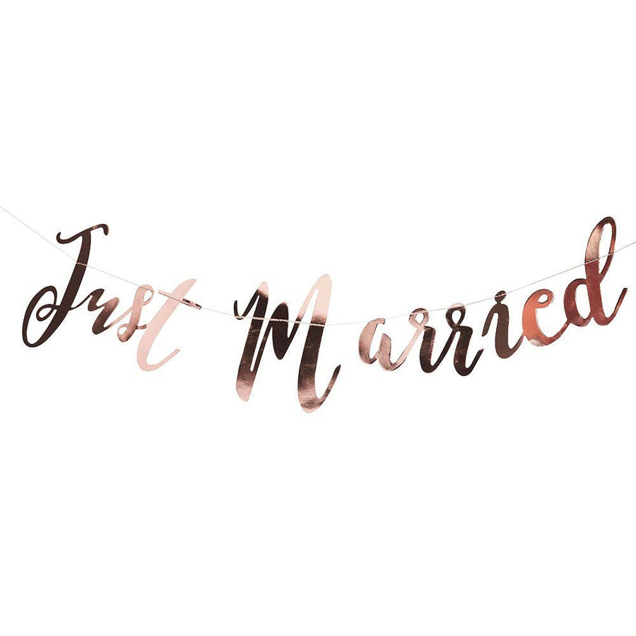 Just Married Metallic Rose Gold Wedding Banner