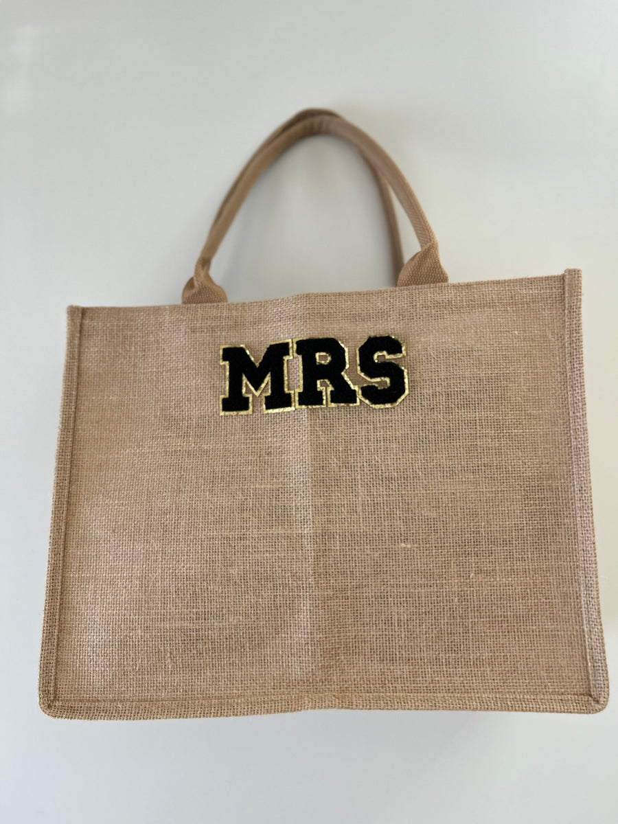 Mrs bag /Mrs./ bride tote/ jute tote / bridal gift/ bridal party/ Party bags/favor bags/ bride bags/ party supplies / varsity letters/ puffy