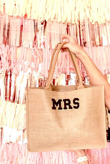 Mrs bag /Mrs./ bride tote/ jute tote / bridal gift/ bridal party/ Party bags/favor bags/ bride bags/ party supplies / varsity letters/ puffy
