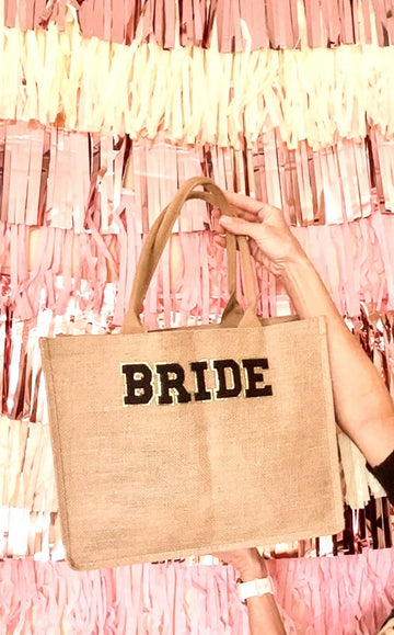 Bride bag / bride tote/ jute tote / bridal gift/ bridal party/ Party bags/favor bags/ bride bags/ party supplies / varsity letters/ puffy