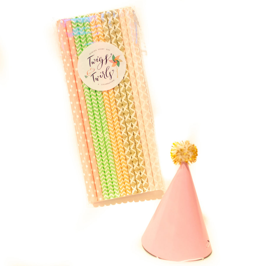Mia: Vintage Chic Paper Straws, Peach, Mint, Gold and Pink Prints