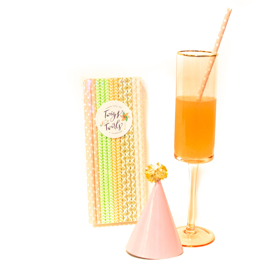 Mia: Vintage Chic Paper Straws, Peach, Mint, Gold and Pink Prints