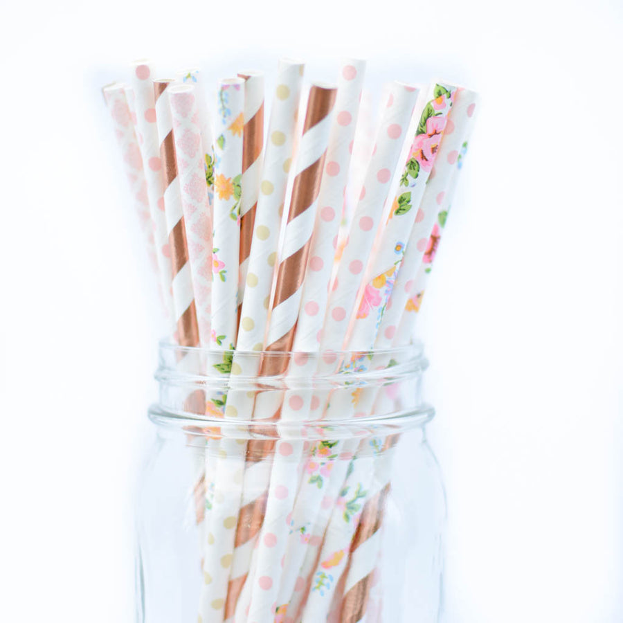 rose gold floral straws