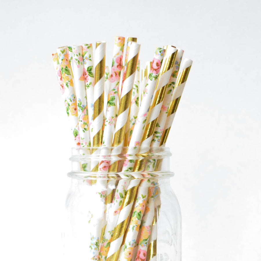 gold and floral straws