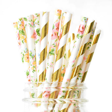 floral and gold straws